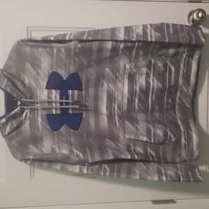 Under Armour Mens Medium Gray Sweatshirt Hoodie with Blue Logo and Pockets